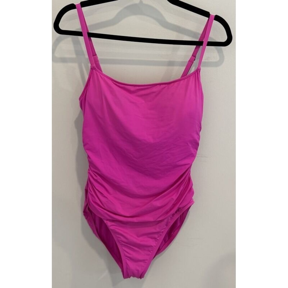 La Blanca Bright Pink Solid One Piece Swimsuit Ruched Sides Adjustable Size 14